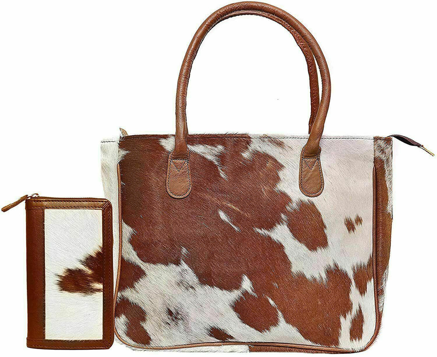 Brown white cowhide handbag set real leather wallet