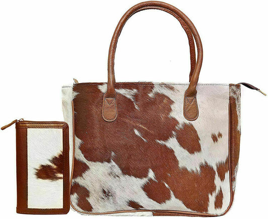 Brown white cowhide handbag set real leather wallet