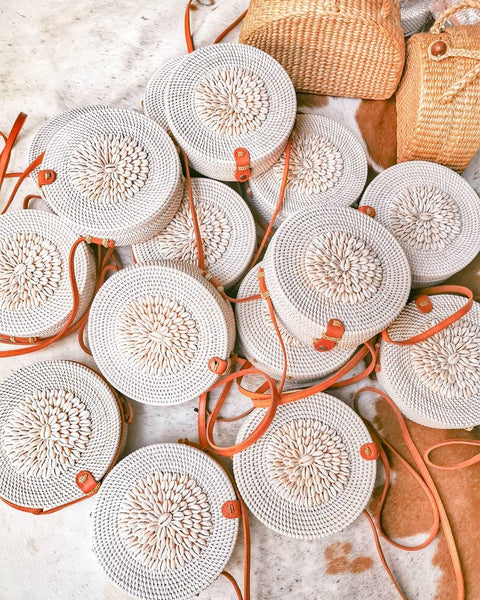 round rattan bag with sea shell decoration Boho Living Room