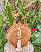 Brown Handwoven Round Rattan Bag Bali Straw Bags Cross body Purse