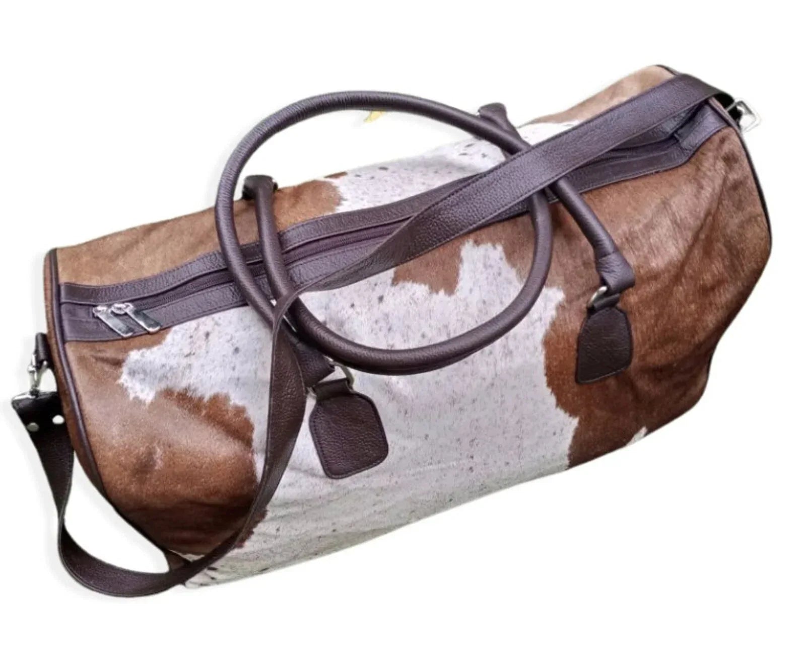 Brown White Cowhide Duffel Bag Travel Weekender Carry On