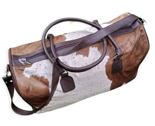 Brown White Cowhide Duffel Bag Travel Weekender Carry On