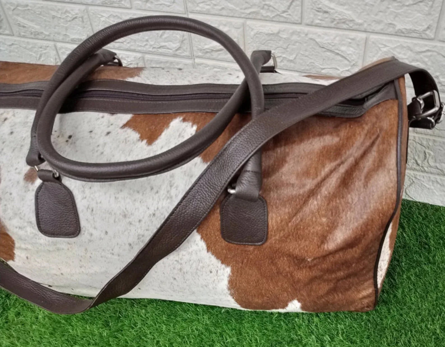 Brown White Cowhide Duffel Bag Travel Weekender Carry On