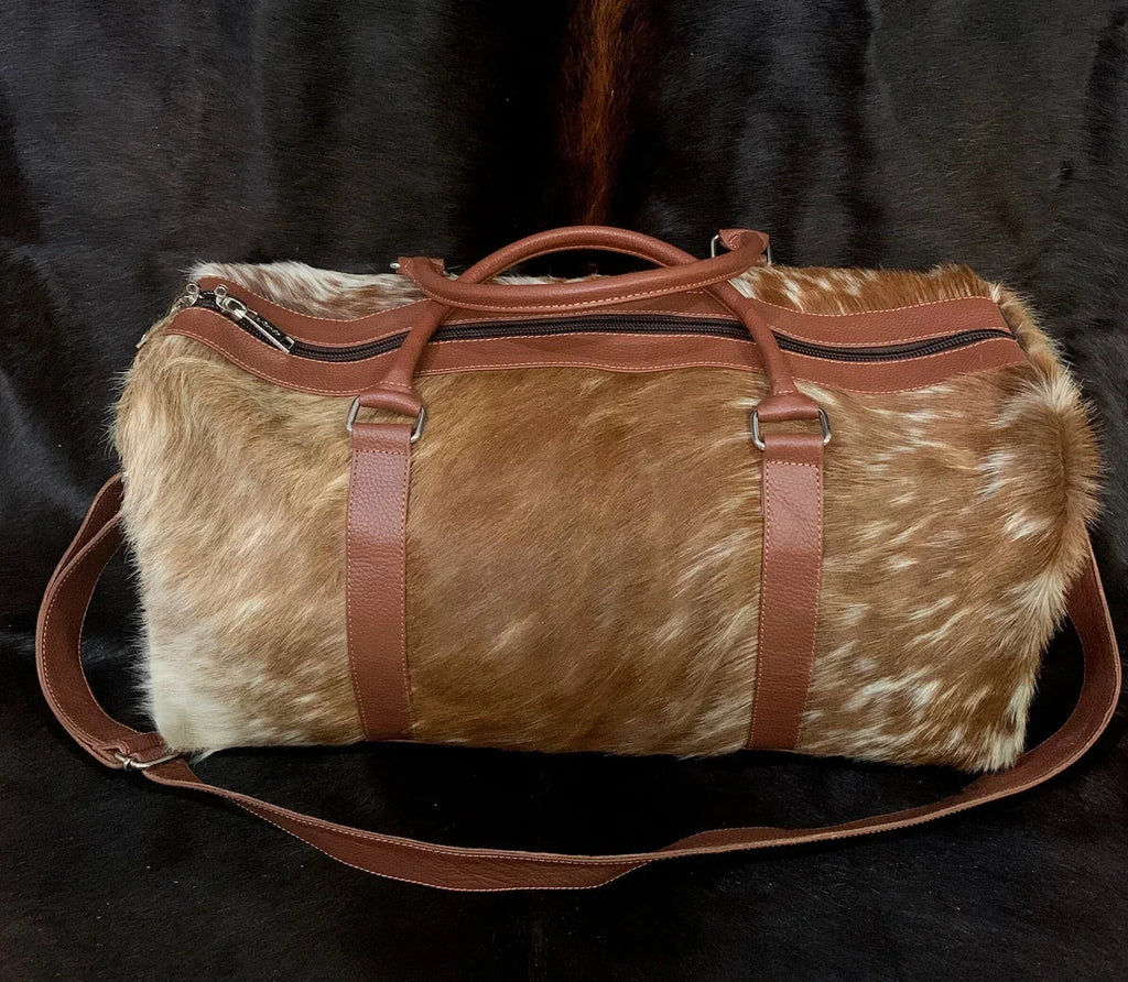 Cowhide Duffle Bag Natural Brown White Travel Weekender Bag