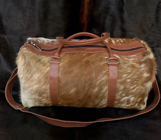 Cowhide Duffle Bag Natural Brown White Travel Weekender Bag