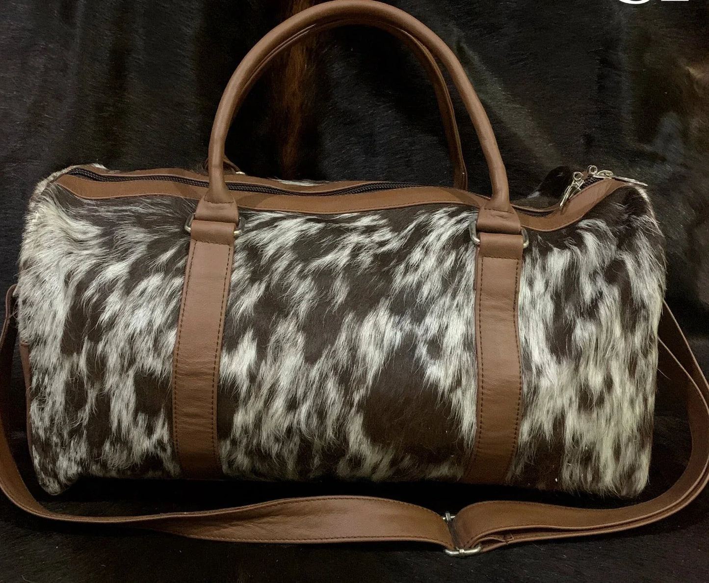 Cowhide Duffle Bag Natural Brown White Travel Weekender Bag