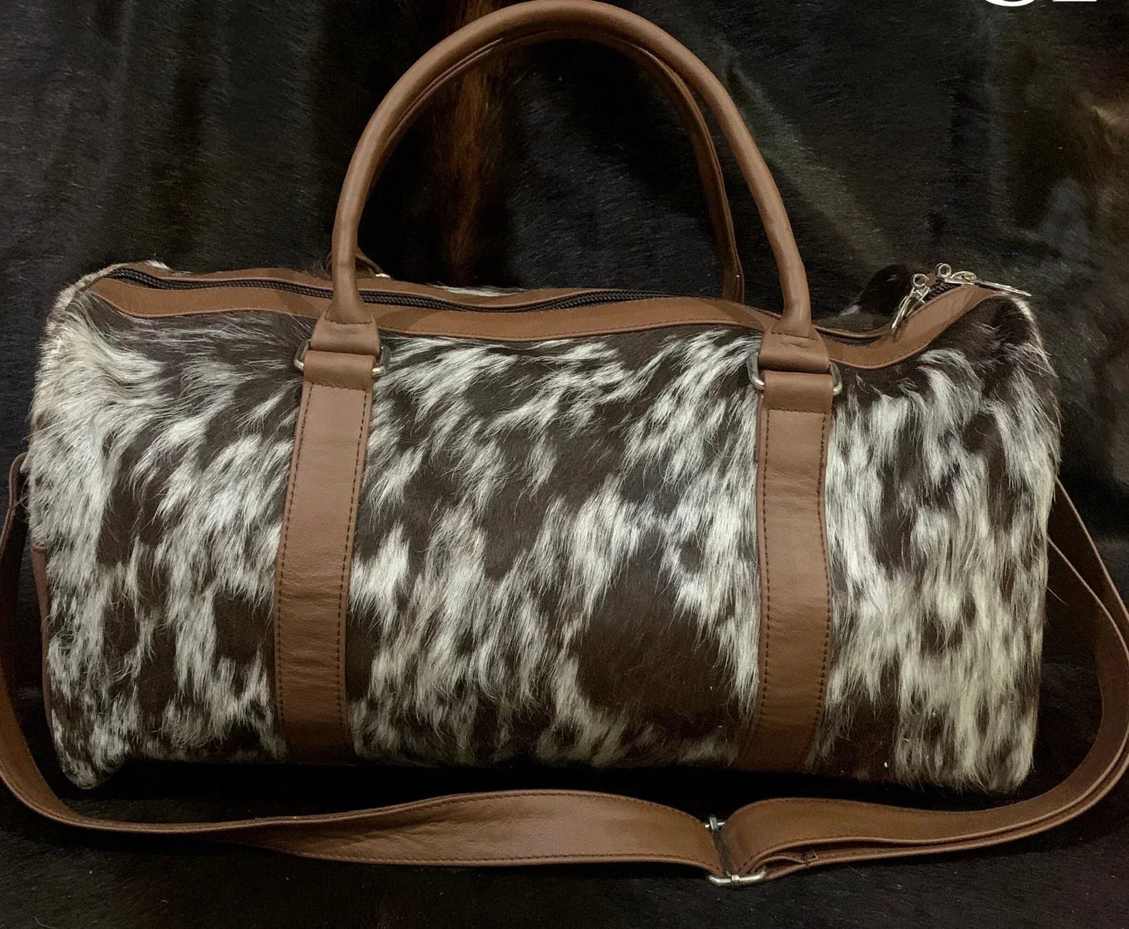 Cowhide Duffle Bag Natural Brown White Travel Weekender Bag