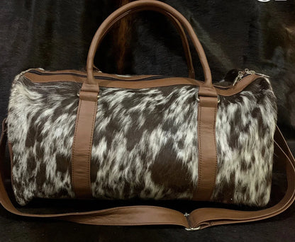 Cowhide Duffle Bag Natural Brown White Travel Weekender Bag