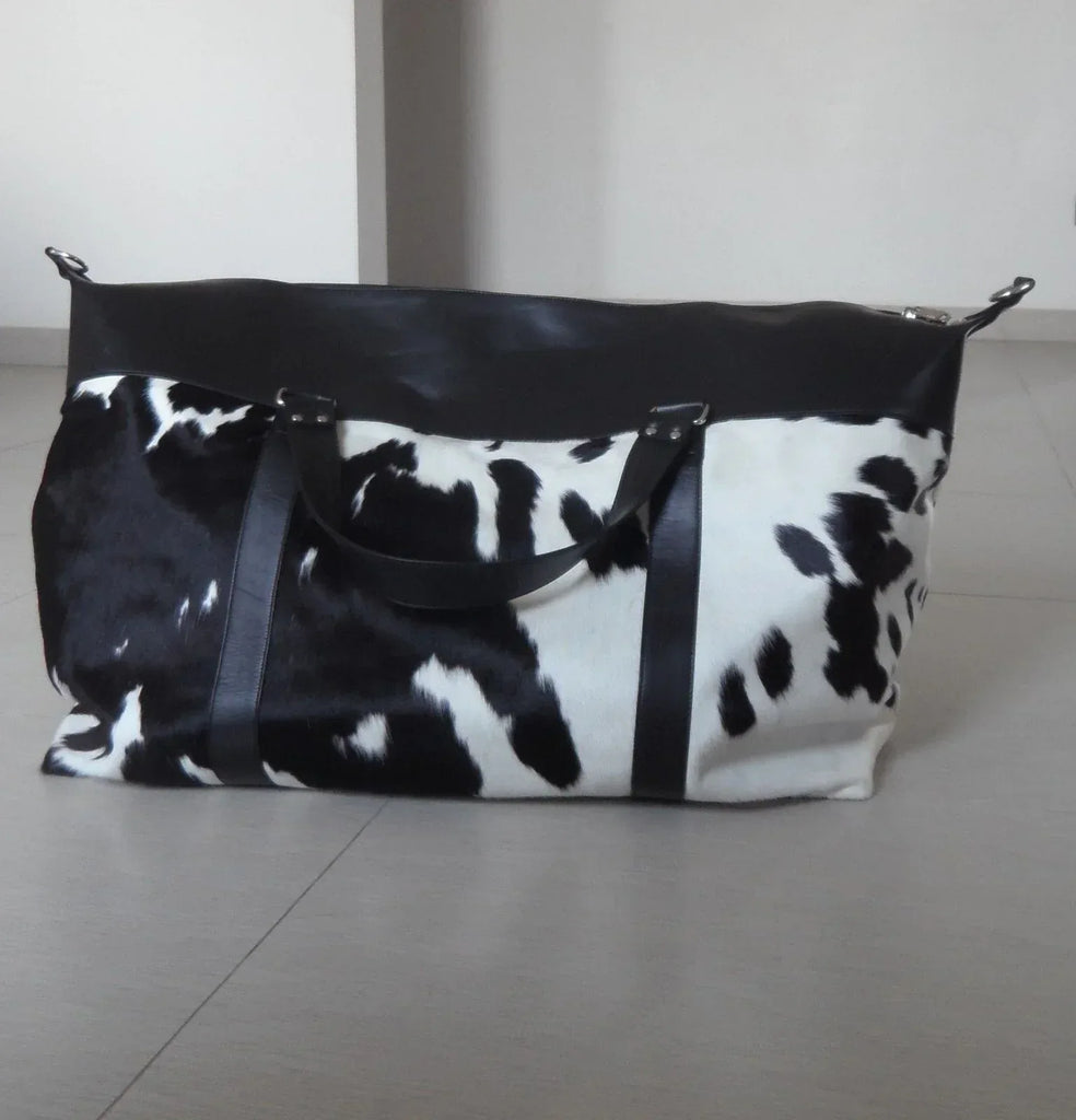 Cowhide Luggage Bag – Hair On Hide Leather Travel Duffle Black & White 20 X 9.5 X 10.5