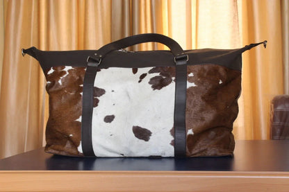 Cowhide Luggage Bag – Hair On Hide Leather Travel Duffle Brown & White 20 X 9.5 X 10.5