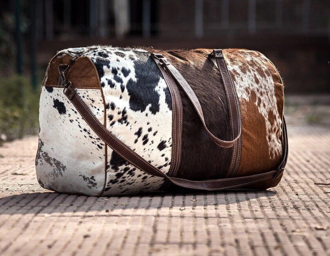 Cowhide Patchwork Duffle Bag Leather Travel Luggage