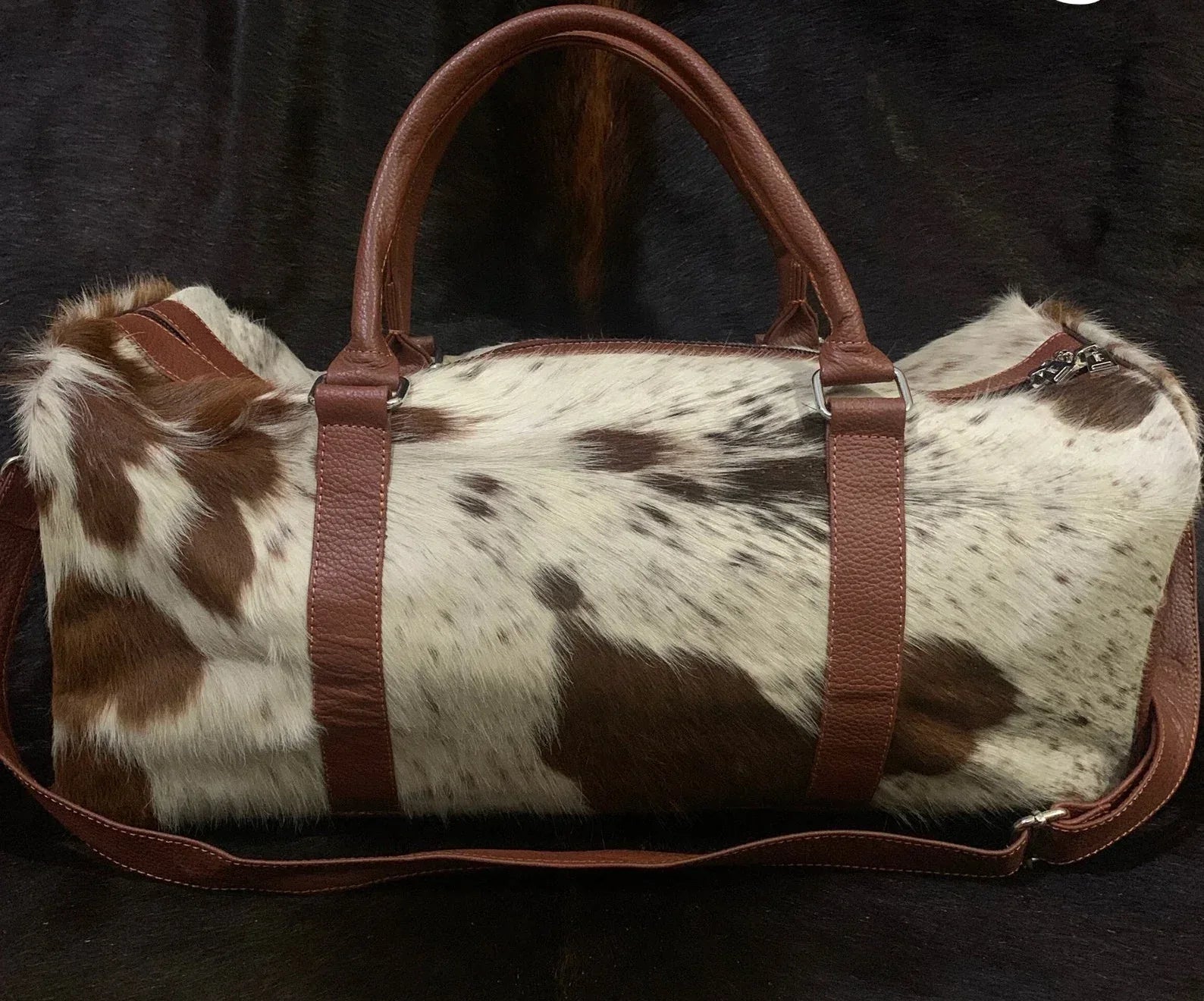 Cowhide Duffle Bag Natural Brown White Travel Weekender Bag