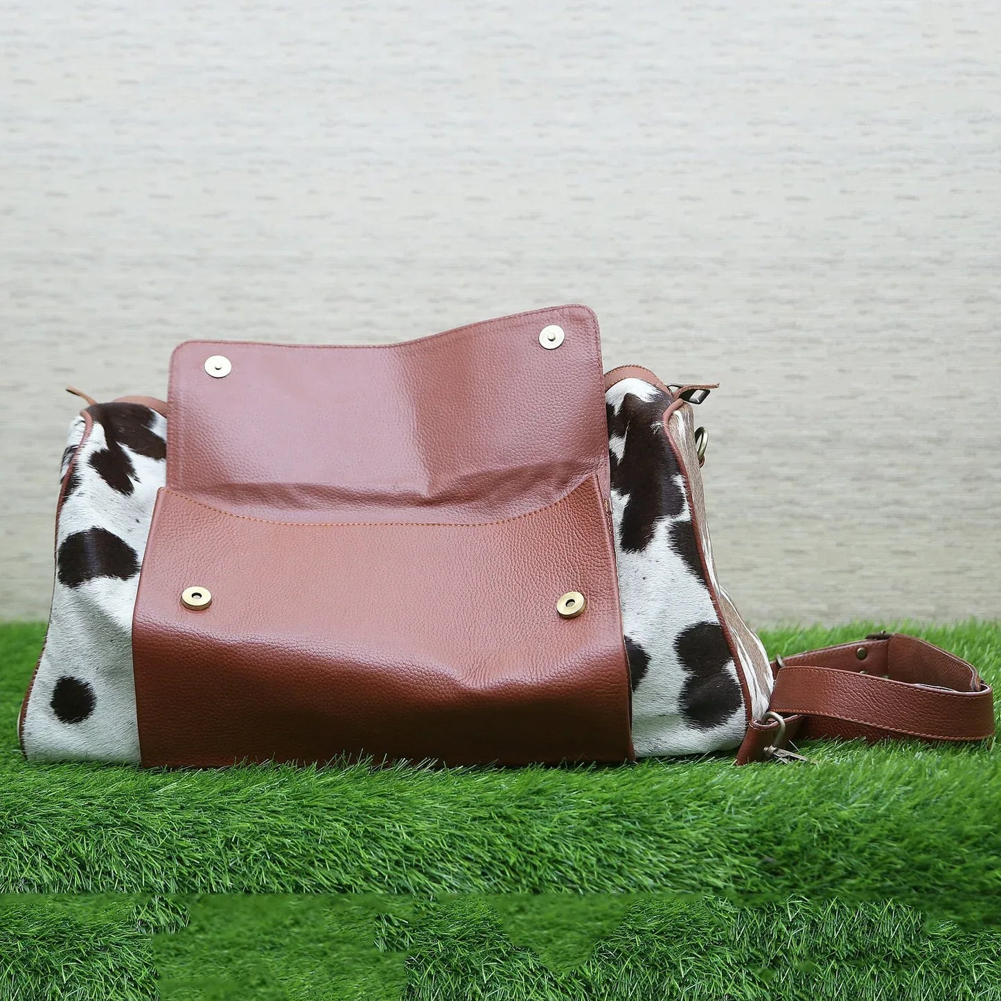 Cowhide Travel Duffel Bag Brown White Carry On Weekender