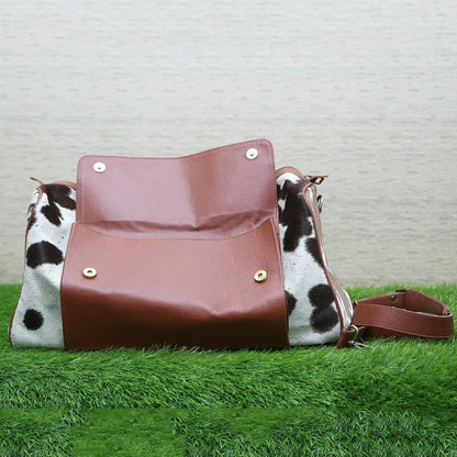 Cowhide Travel Duffel Bag Brown White Carry On Weekender