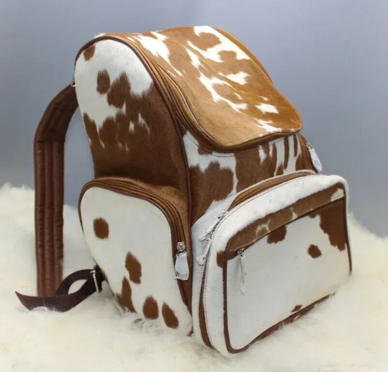 Cowhide Diaper Bag Backpack Western Cow Print Solid brown White