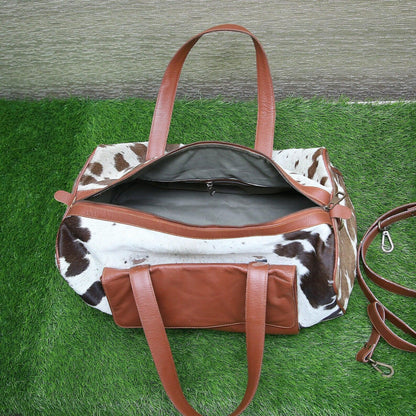 Cowhide Travel Duffel Bag Brown White Carry On Weekender
