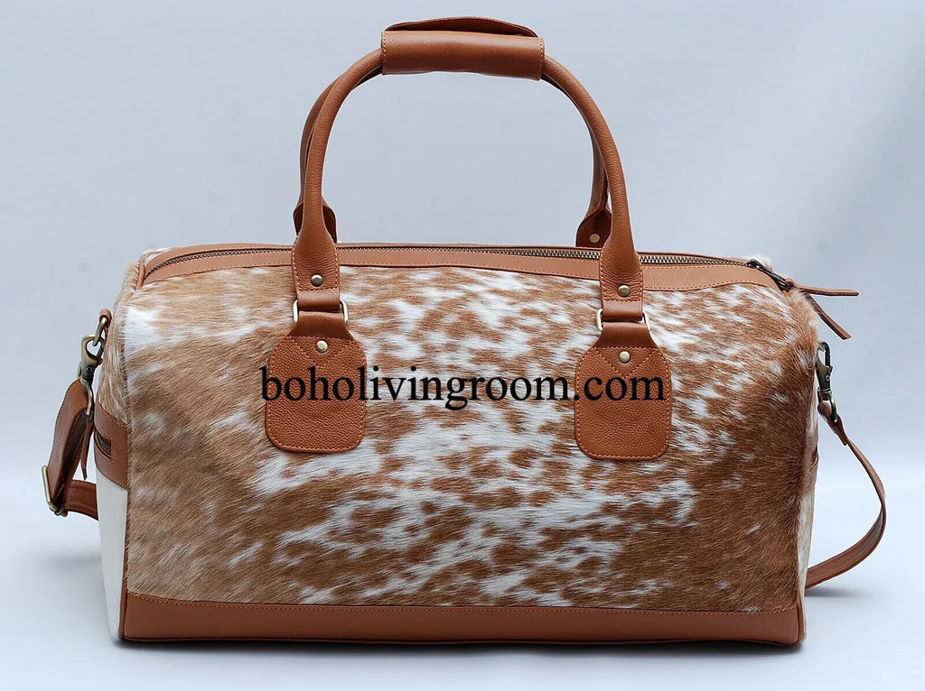 cowhide duffle bag speckled brown white travel bag