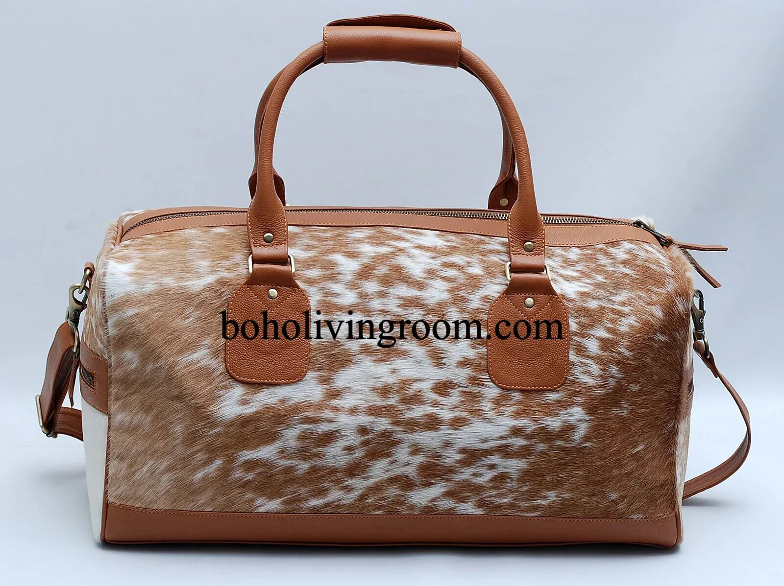 cowhide duffle bag speckled brown white travel bag
