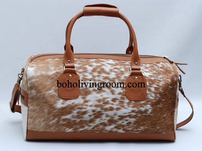 cowhide duffle bag speckled brown white travel bag