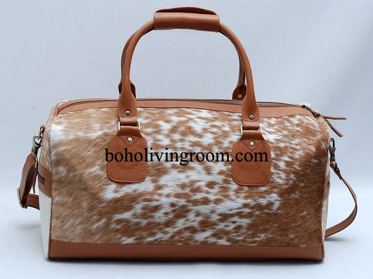 cowhide duffle bag speckled brown white travel bag