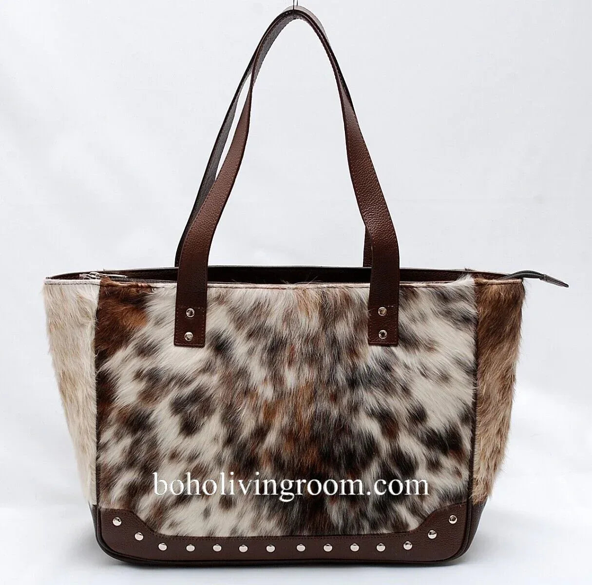 spotted cowhide tote bag leather back tricolor handbag