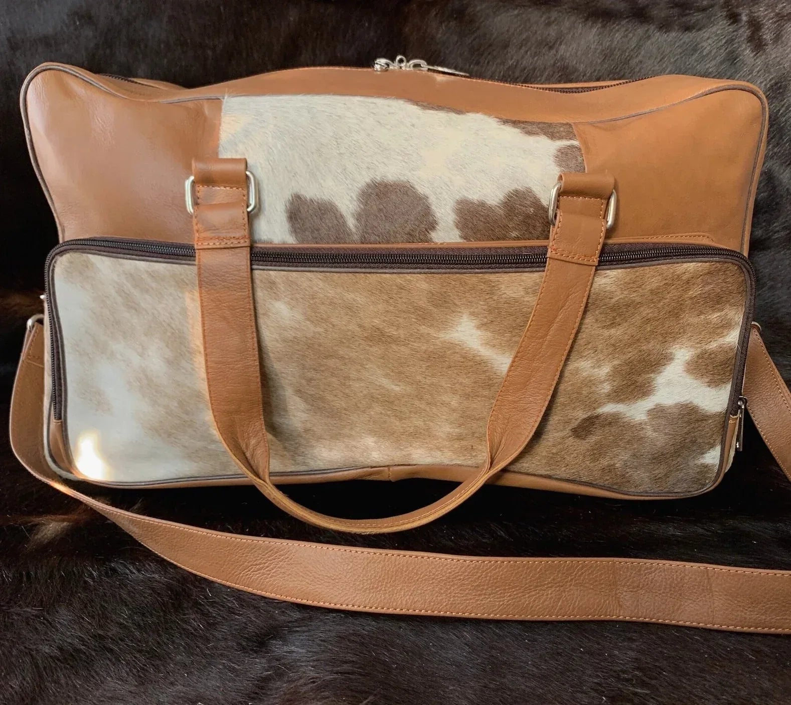 Cowhide leather duffle bag real hair on hide