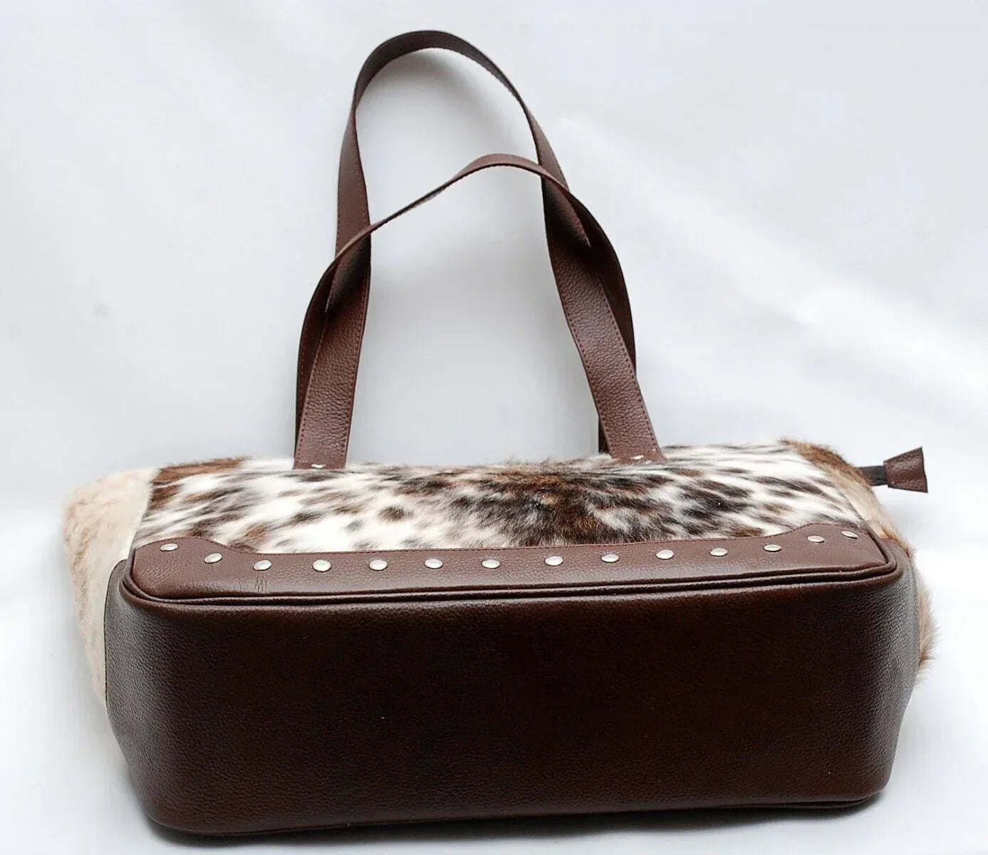 spotted cowhide tote bag leather back tricolor handbag