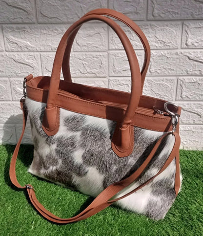 Grey white cowhide tote bag leather shoulder handbag