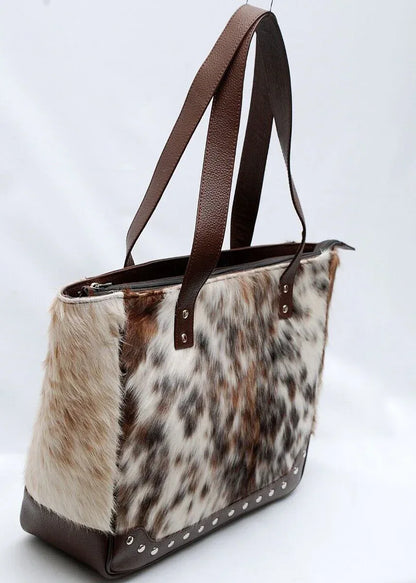 spotted cowhide tote bag leather back tricolor handbag
