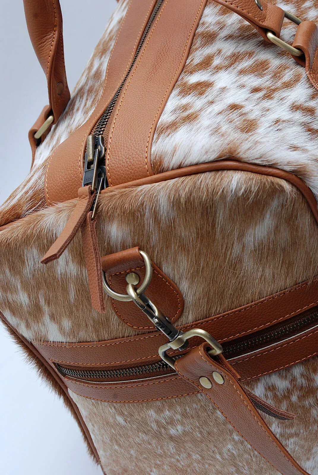 cowhide duffle bag speckled brown white travel bag