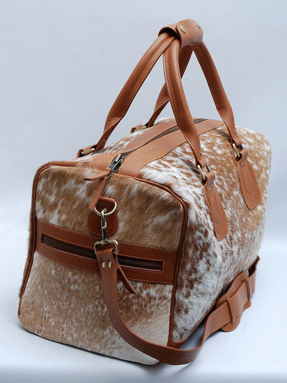 cowhide duffle bag speckled brown white travel bag
