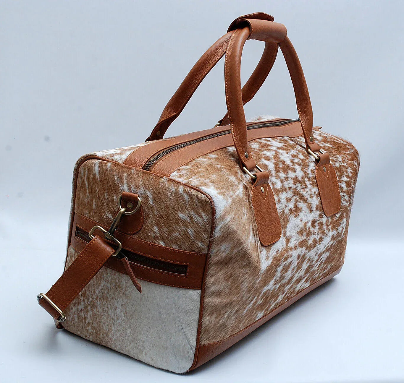 cowhide duffle bag speckled brown white travel bag