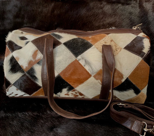 cowhide duffle bag travel patchwork