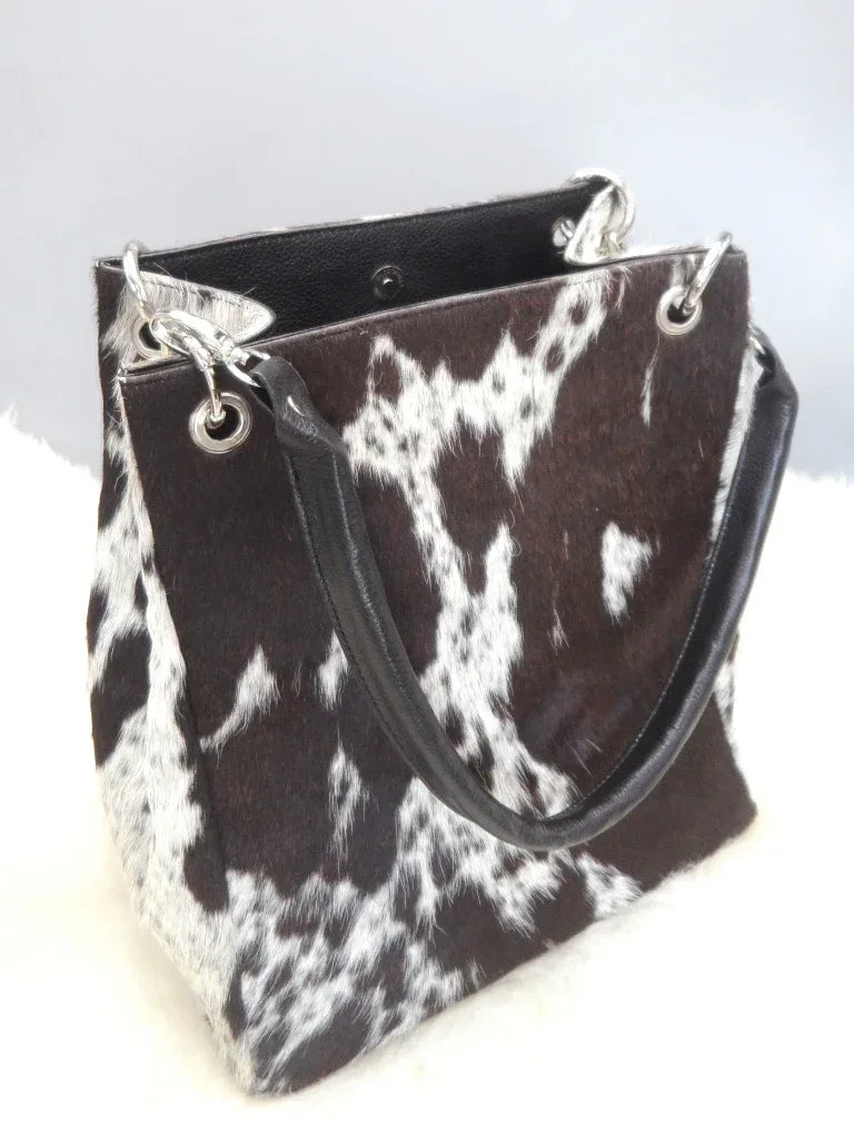 Black and white cowhide purse with fringe genuine leather handbag