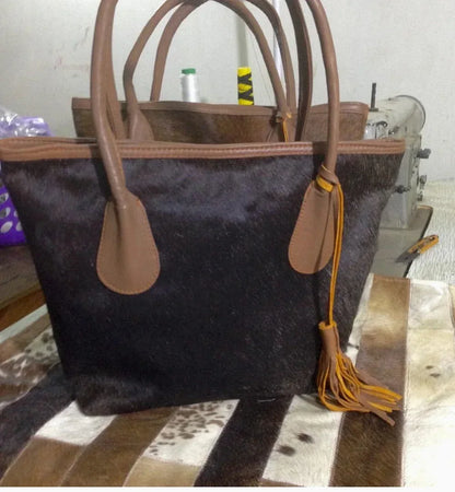 Cowhide shoulder bag purse with real hair on hide tote Pure Black