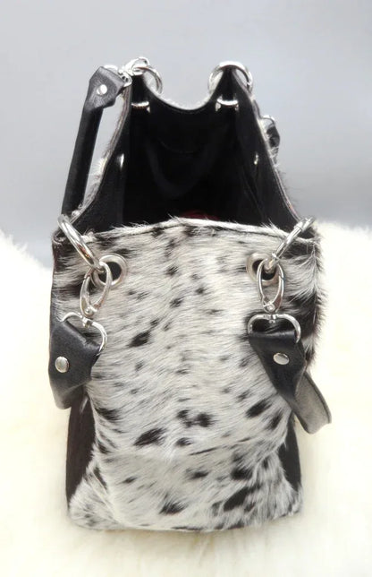 Black and white cowhide purse with fringe genuine leather handbag