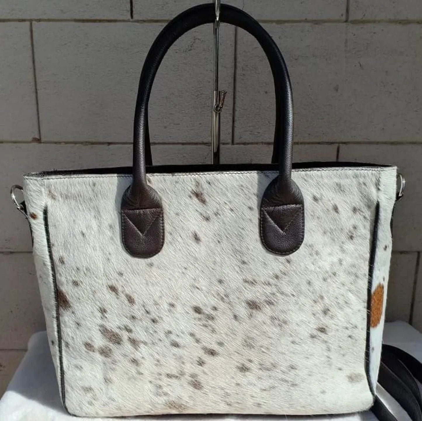 Tricolor cowhide tote bag real hair on hide leather