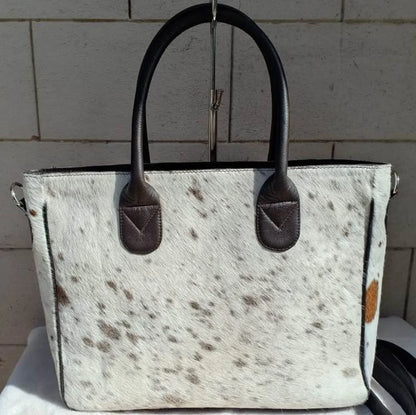 Tricolor cowhide tote bag real hair on hide leather