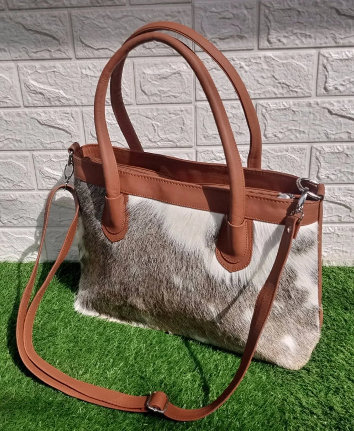 Grey white cowhide tote bag leather shoulder handbag