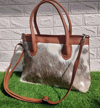 Grey white cowhide tote bag leather shoulder handbag