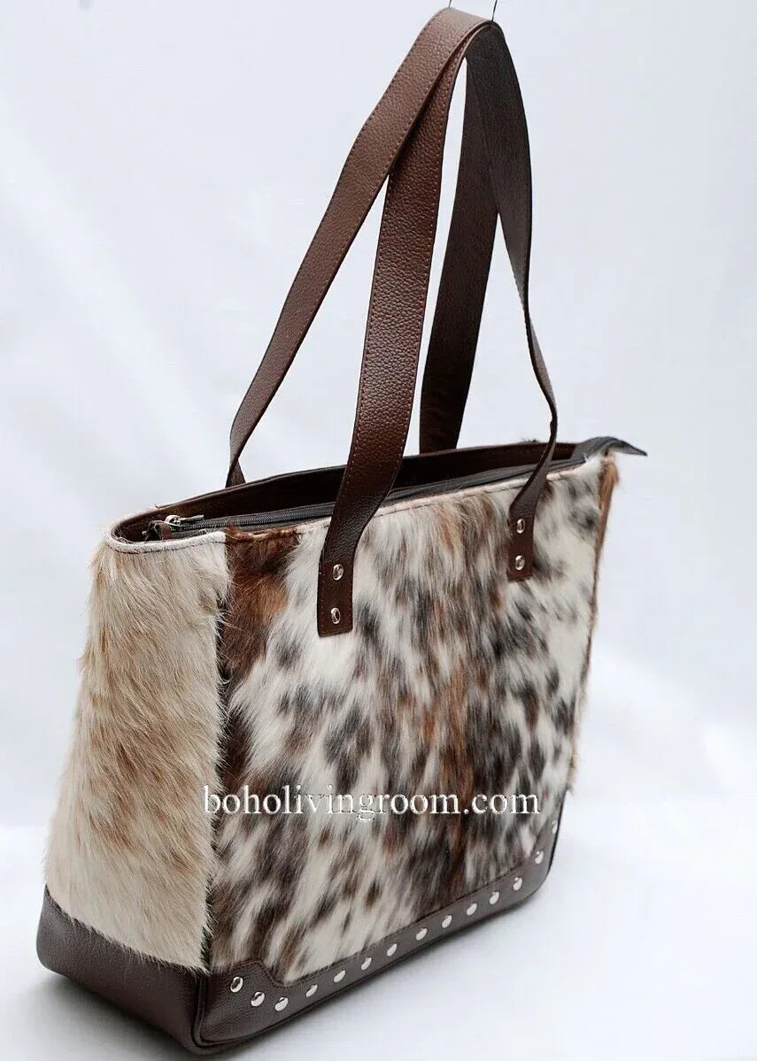 spotted cowhide tote bag leather back tricolor handbag