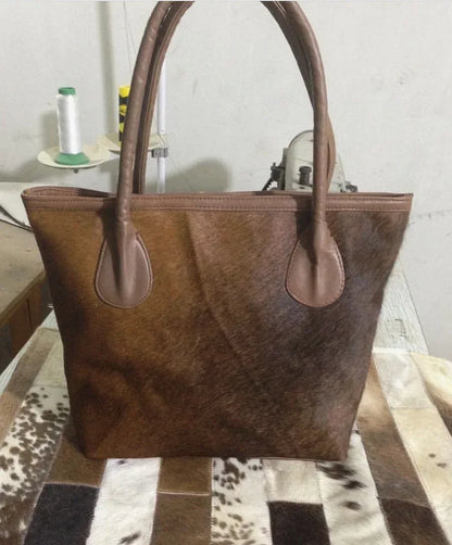 Cowhide shoulder bag purse with real hair on hide tote Pure Brown
