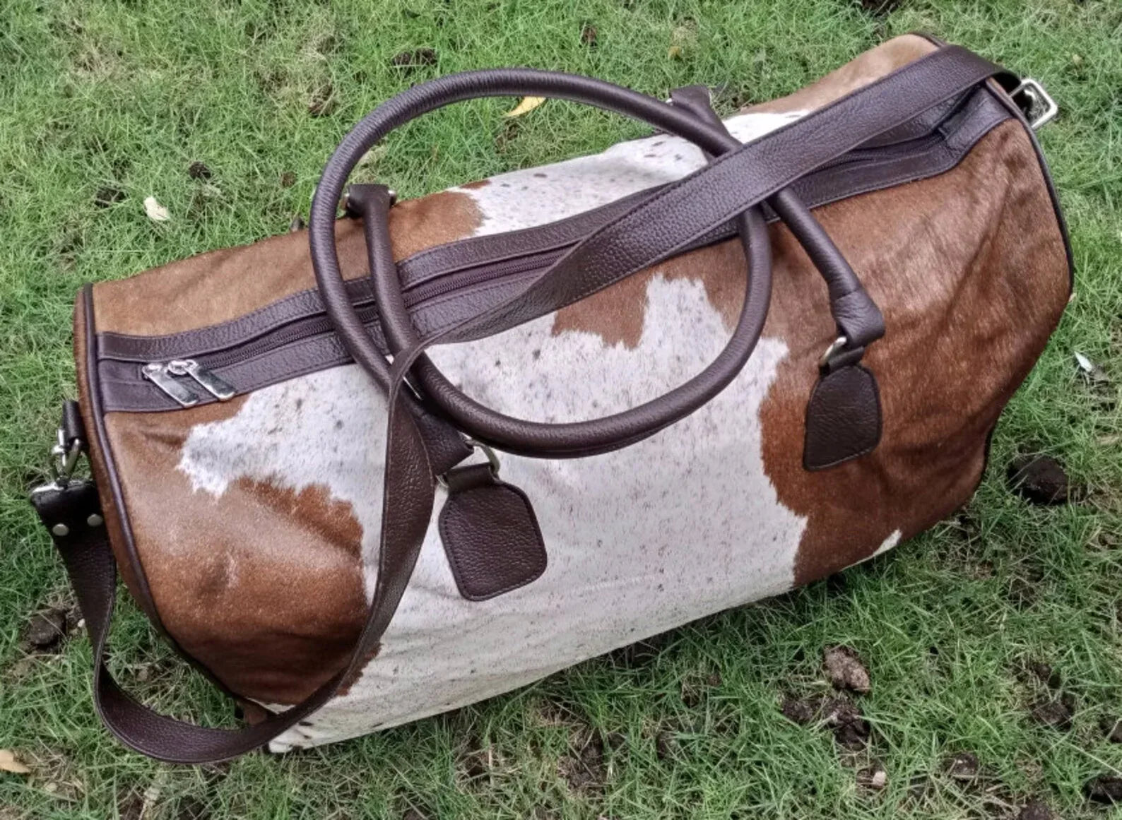 Brown White Cowhide Duffel Bag Travel Weekender Carry On