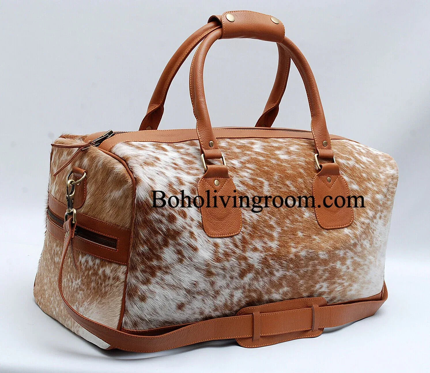 cowhide duffle bag speckled brown white travel bag