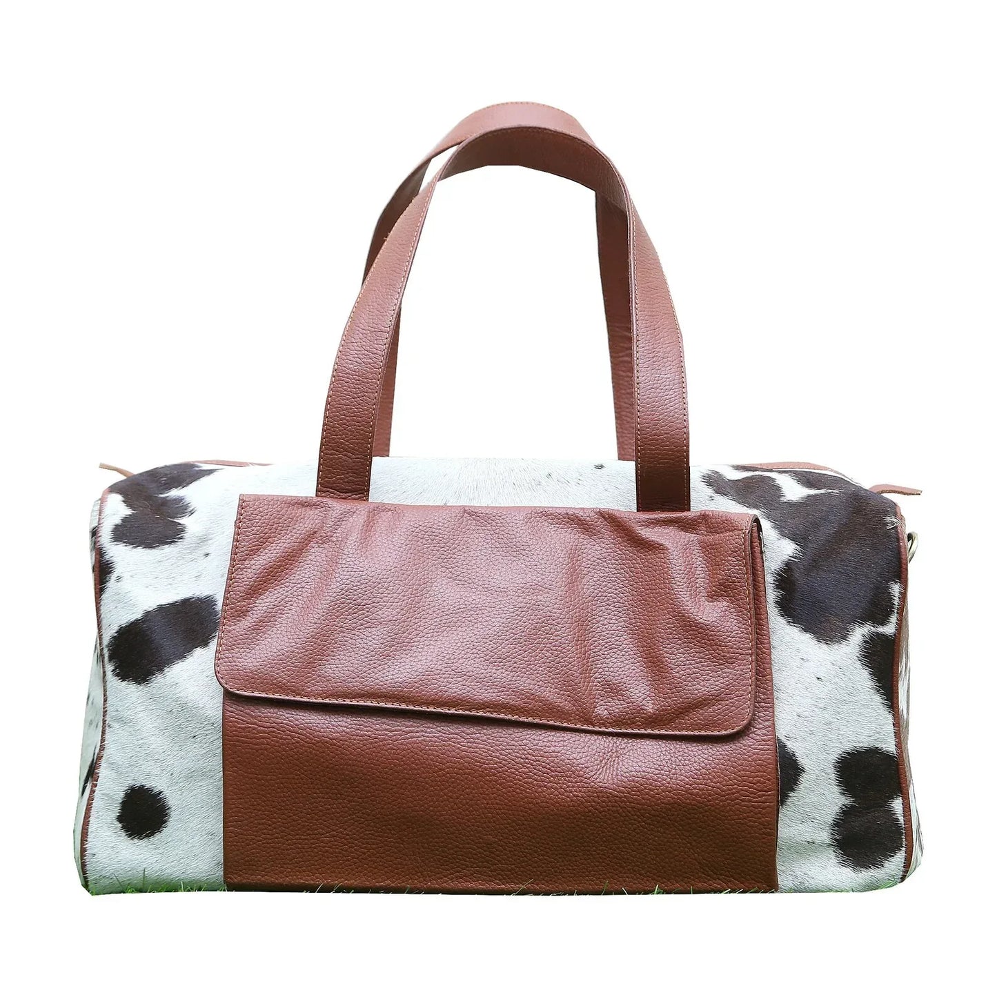 Cowhide Travel Duffel Bag Brown White Carry On Weekender