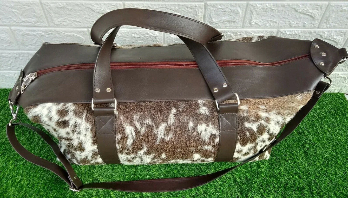 Large Cowhide Travel Bag Brown White Weekender Duffle
