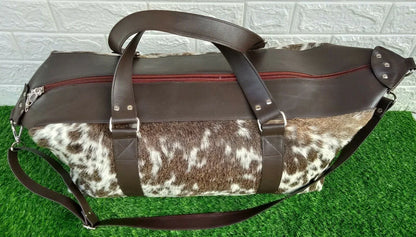 Large Cowhide Travel Bag Brown White Weekender Duffle