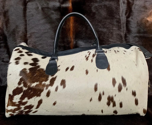 cowhide travel duffle bag white brown leather