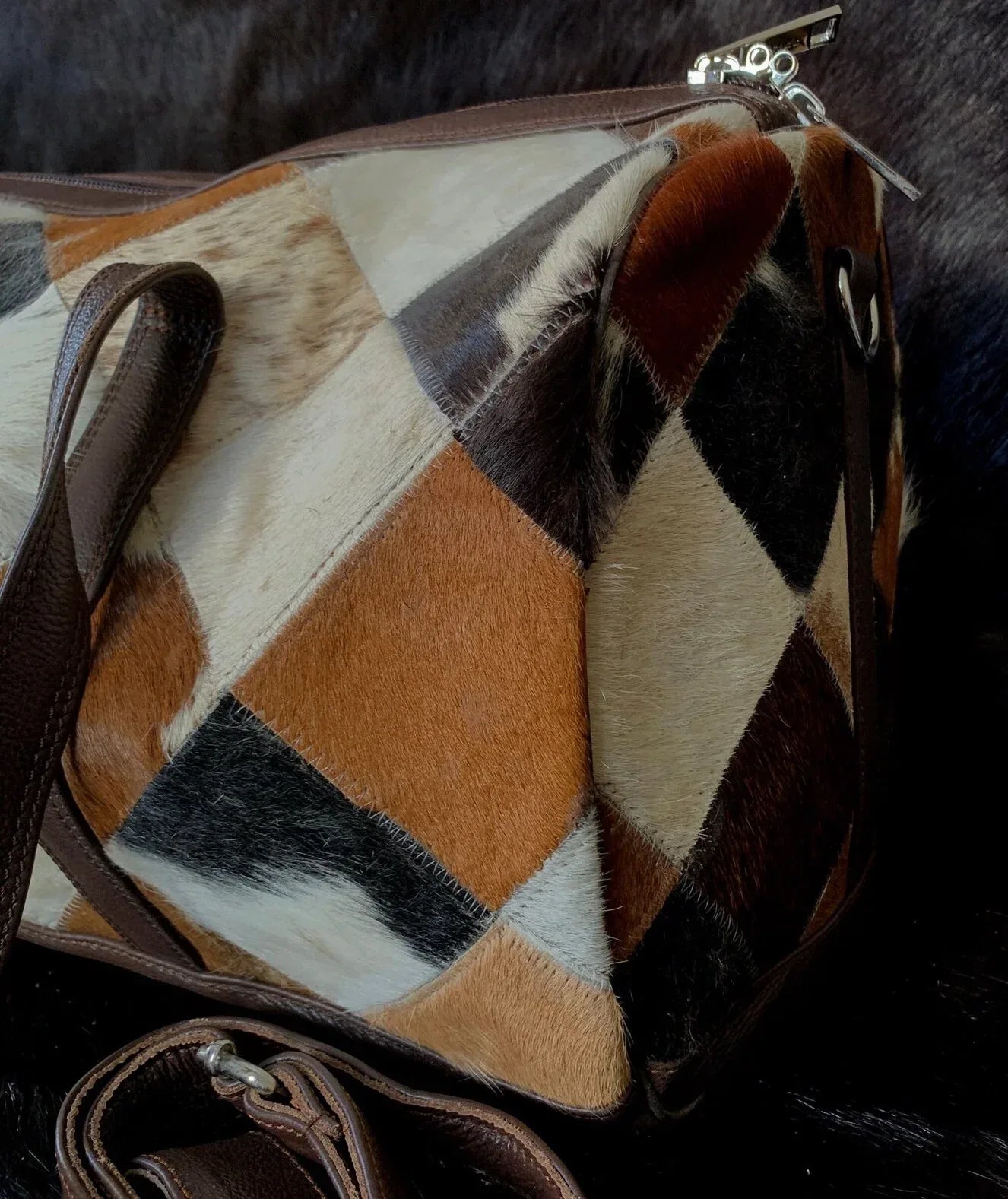 cowhide duffle bag travel patchwork