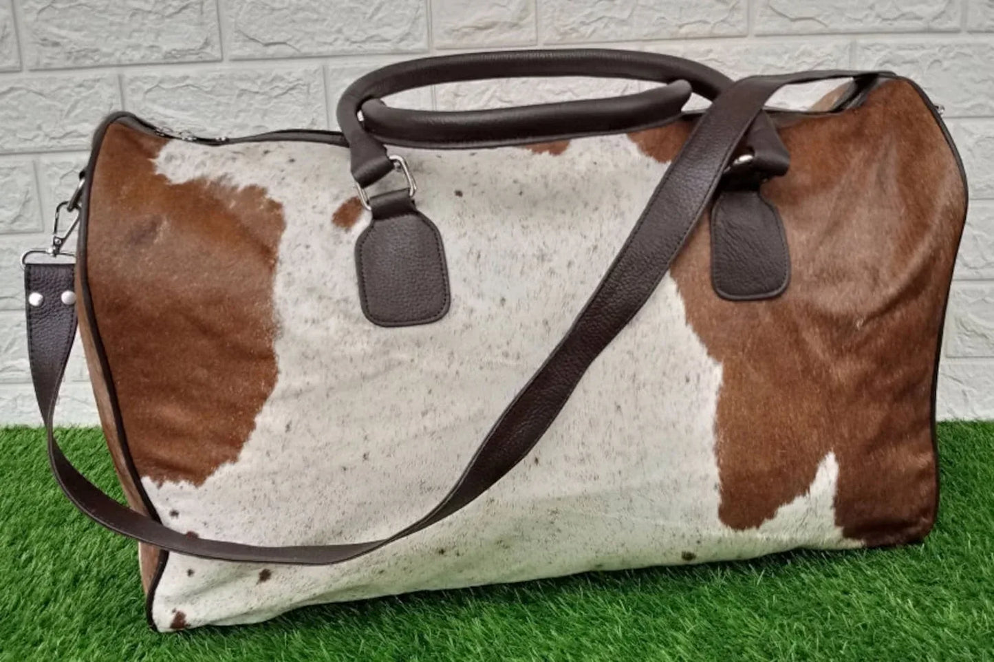 Brown White Cowhide Duffel Bag Travel Weekender Carry On